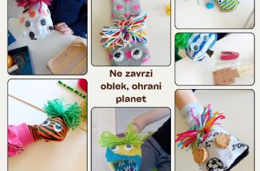 Plakaz sestavlje iz slik, kjer so prosite lutke iz odpadnih nogavic z napisom; Ne zavrzi oblek, ohrani planet.